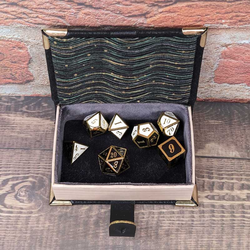 Black Mini Book Shaped Dice Box with Leather Strap