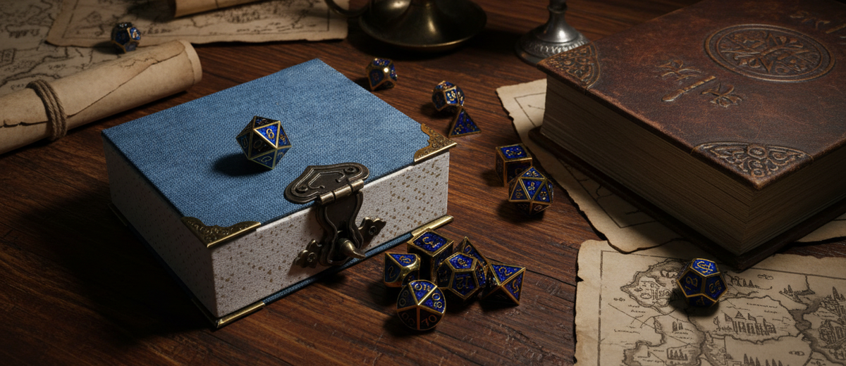 A dice box with a set of polyhedral tabletop gaming dice on an aged map, with a candle, scrolls, and a book. 