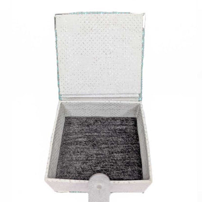 A square dice box with an open lid, featuring a textured silver glitter exterior, a light gray interior lining, and a dark gray plush-lined base.