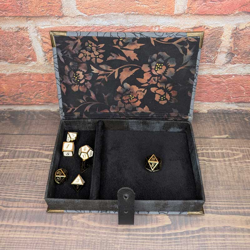 Gray & Black Floral Dice Box with Leather Strap