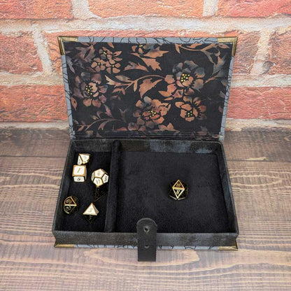 Gray & Black Floral Dice Box with Leather Strap